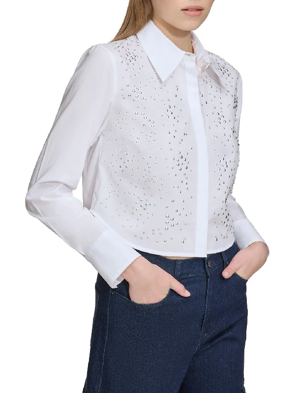 DKNY Women White Self-Design Spread Collar Full Sleeves Shirt