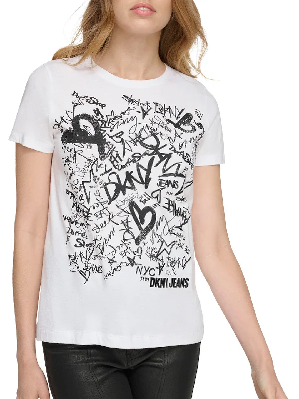 DKNY Women White Printed Round Neck Short Sleeves T-Shirt