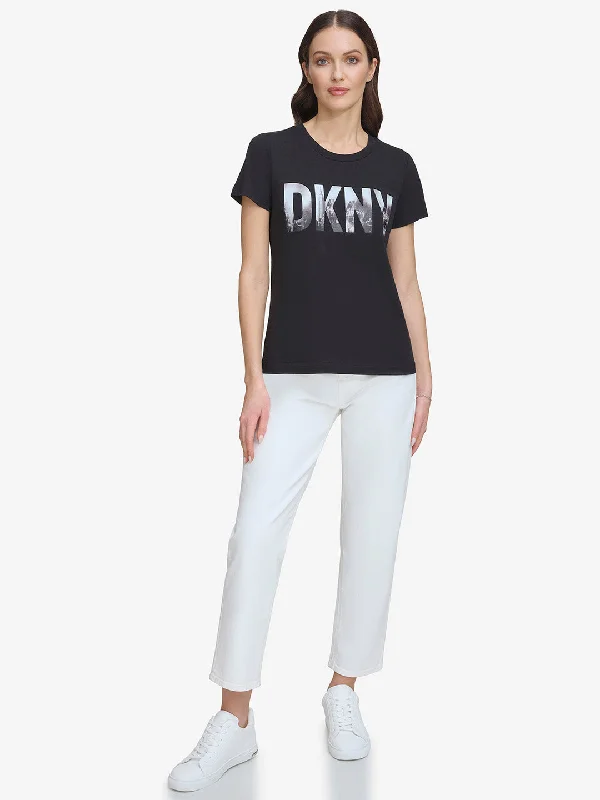 DKNY Women Black Printed Round Neck Short Sleeves T-Shirt