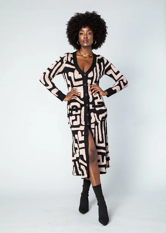 Aisha Women's African Print Cardigan (Black Tan Geometric)