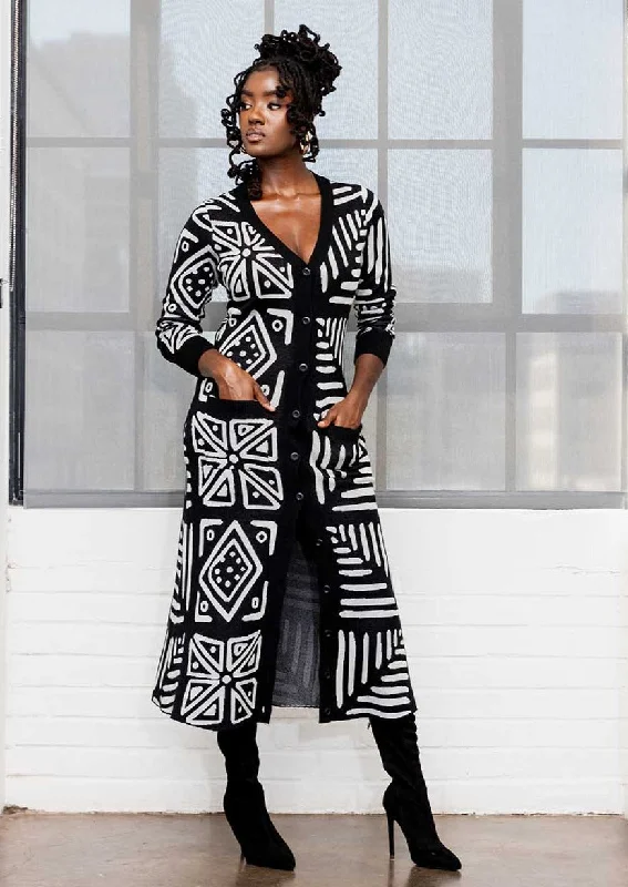 Aisha Women's African Print Cardigan (Grayscale Tribal)