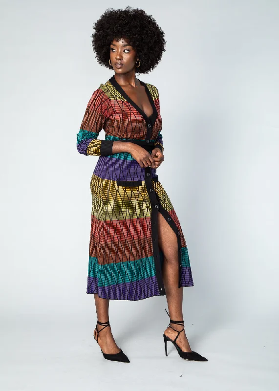 Aisha Women's African Print Cardigan (Rainbow Diamond Stripes)