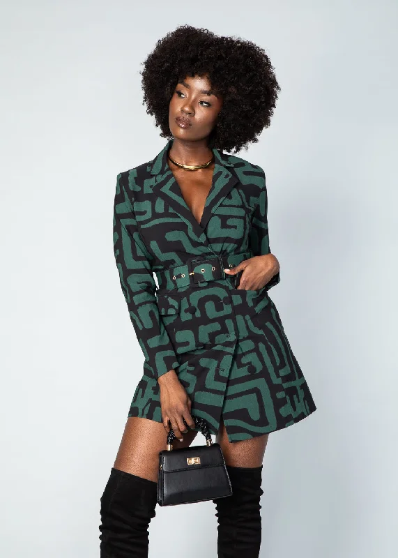 Aniq Women's African Print Stretch Blazer Dress (Black Malachite Geometric)