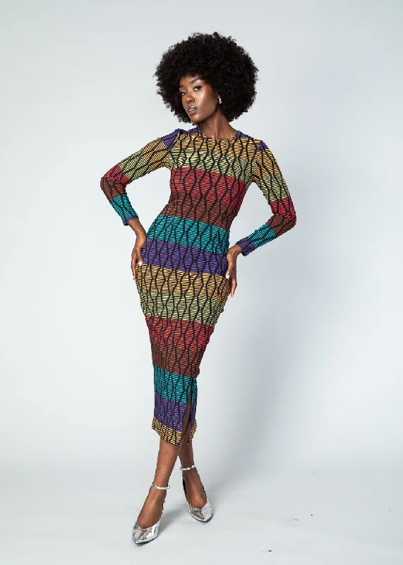 Chidima Women's African Print Stretch Tunic (Rainbow Diamond Stripes)