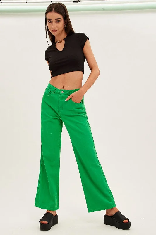 Green Denim Jeans High Rise Wide Leg