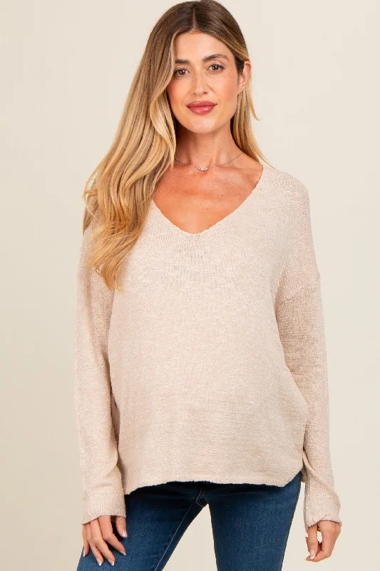 Cream V-Neck Basic Maternity Sweater