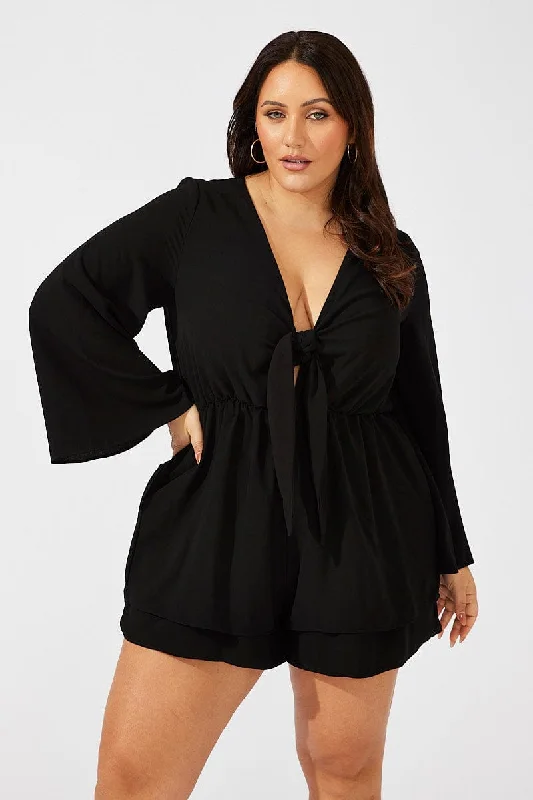 Black Tie Flare Sleeve Playsuit Double Layer Shorts