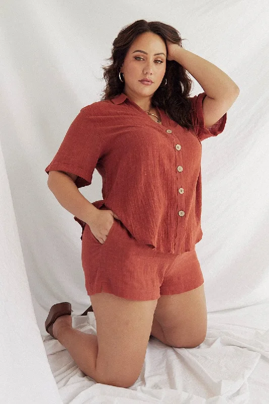 Brown Relaxed Shorts High Rise