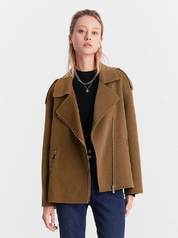 Brown Woolen Lapel Crop Women Coat