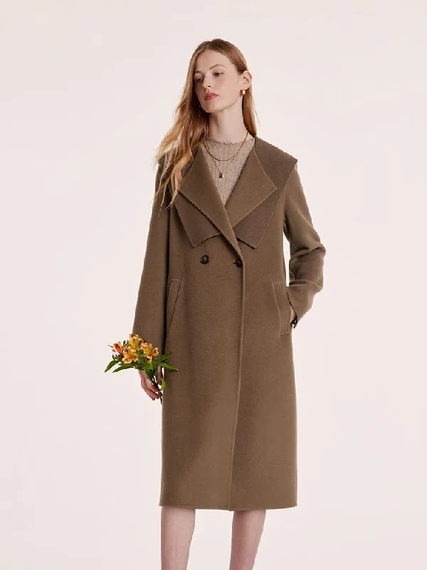 Coffee Tencel Wool Navy Collar Women Coat