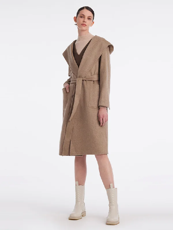 Brown Cashmere Hooded Wrapped Coat