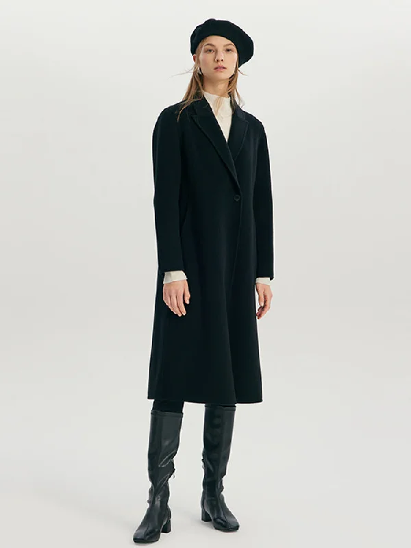 Black Wool And Mulberry Silk-Blend Lapel Collar Women Coat