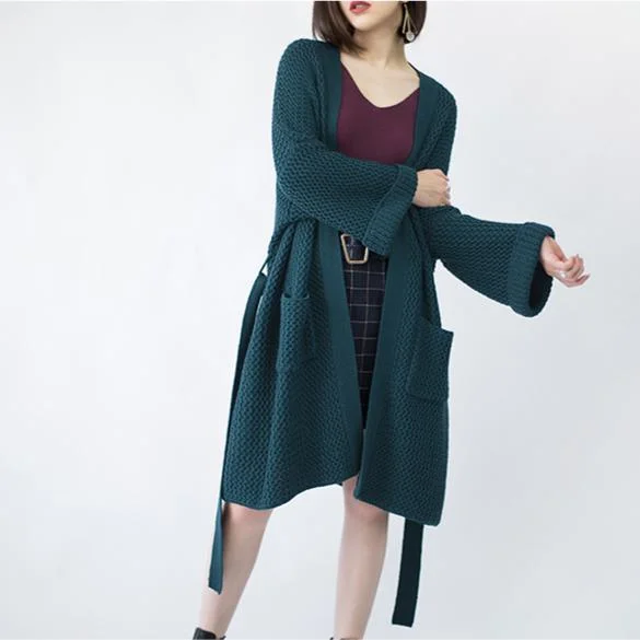 New blackish green Wool Coat trendy plus size flare sleeve tie waist cardigans Fine pockets maxi coat