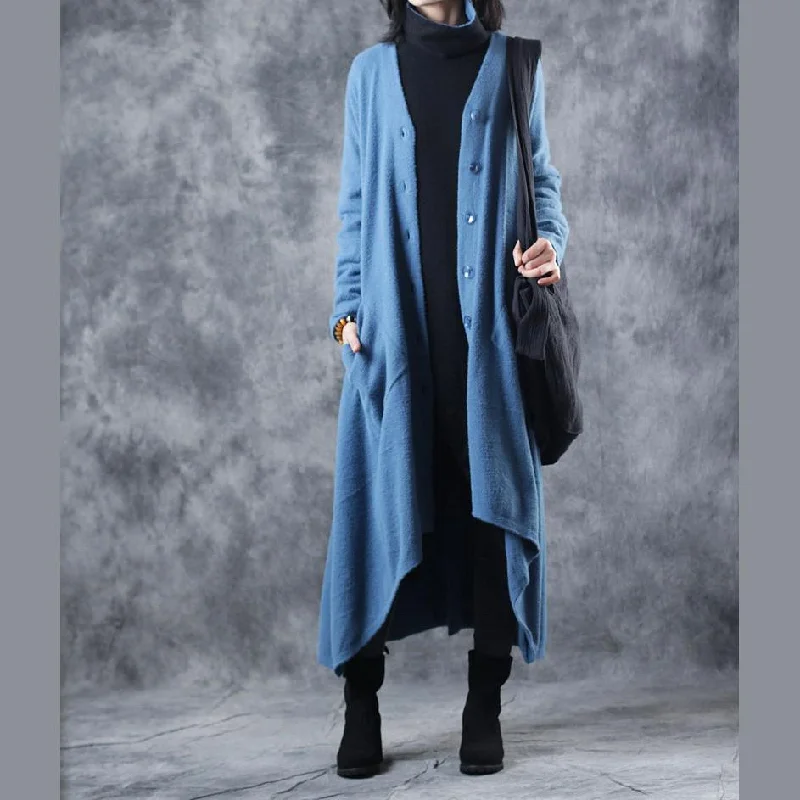 New blue winter sweater oversize V neck pockets knitted coats women asymmetric winter coat