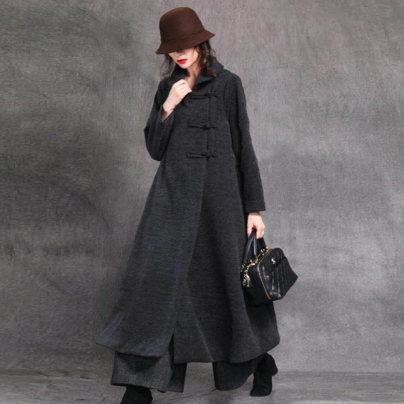 New gray black plus size long winter woolen outwear Square Collar Chinese Button coat