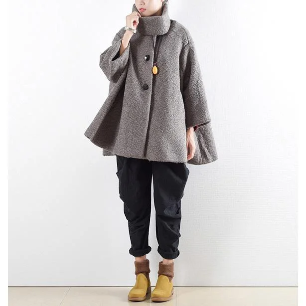 New gray wool tops oversize length coat o neck outwear pockets large hem tops