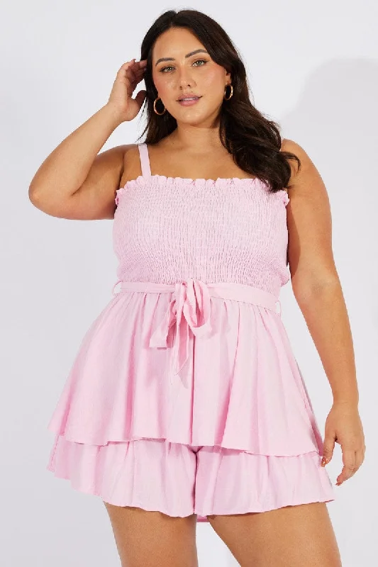 Pink Shirred Bodice Playsuit Frill Shorts Tie Waist