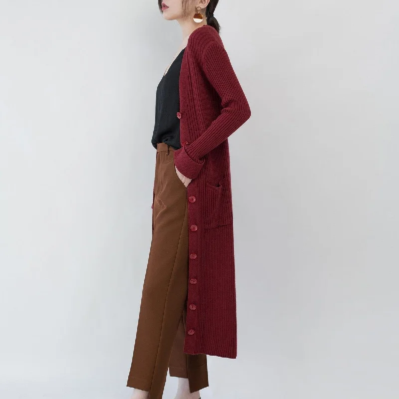 top quality burgundy knit coat casual V neck slim Wool Coat top quality pockets knitted cardigan long jackets