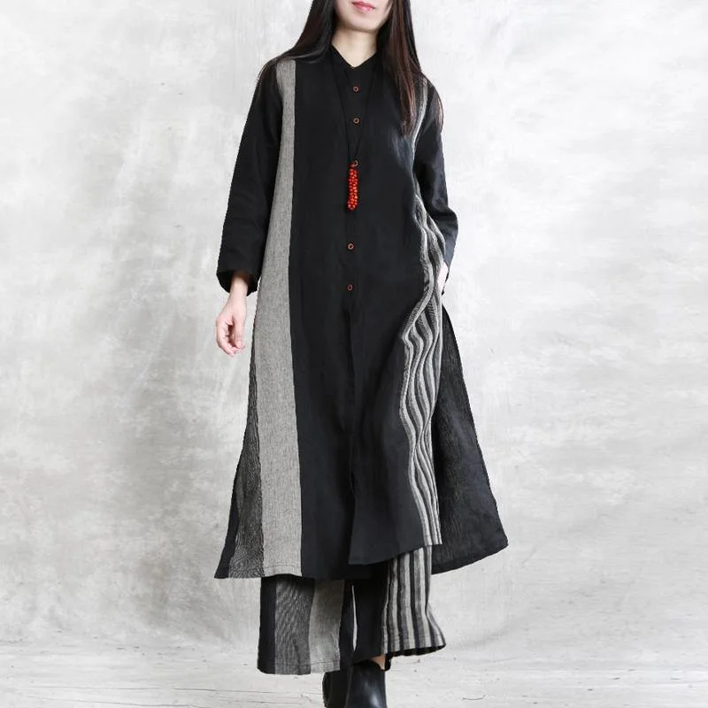 2020 spring linen stand collar suit women's long shirt was thin stripe cardigan wide leg pants