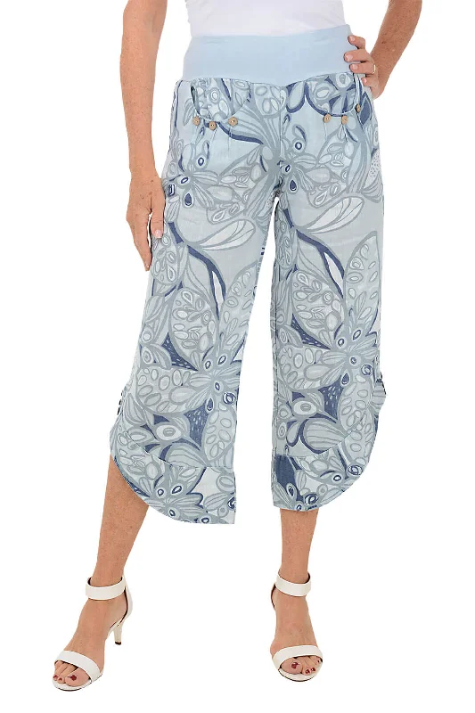 Blue Floral Triple Button Linen Crop Pant