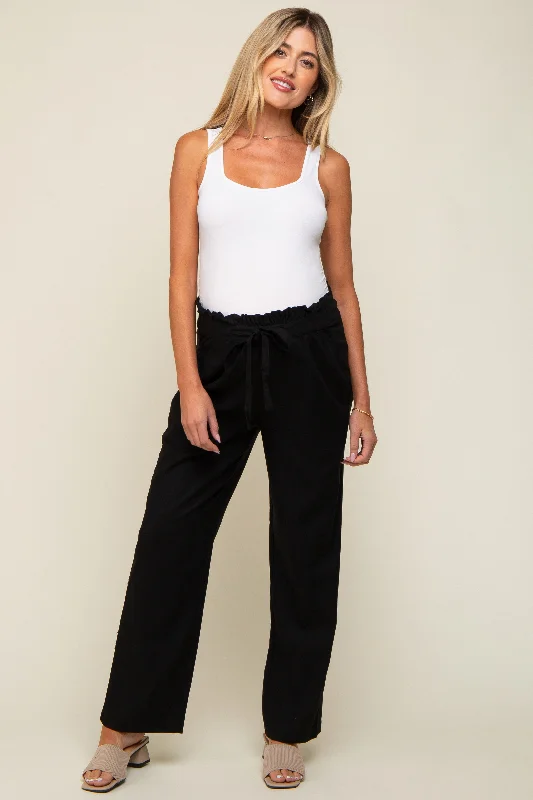 Black Ruffle Tie Waist Linen Maternity Pants