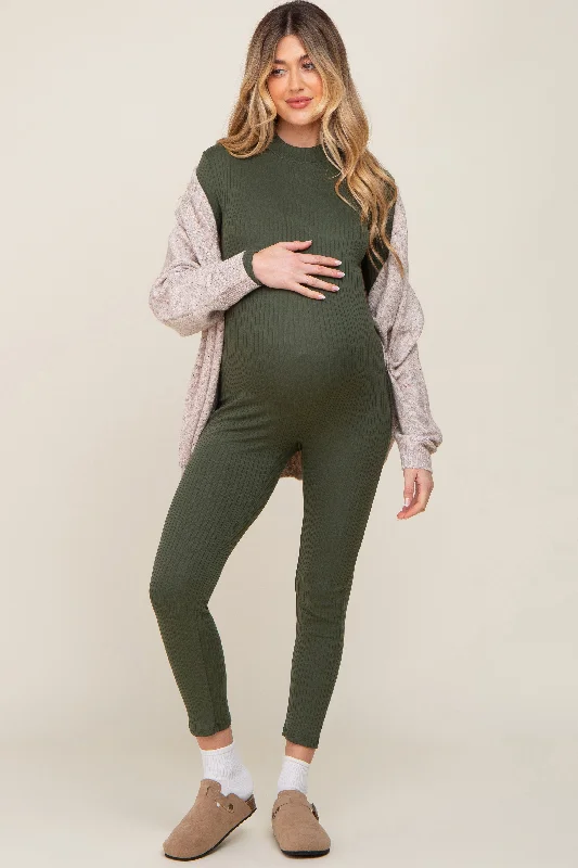 Olive Ribbed Maternity Jumpsuit