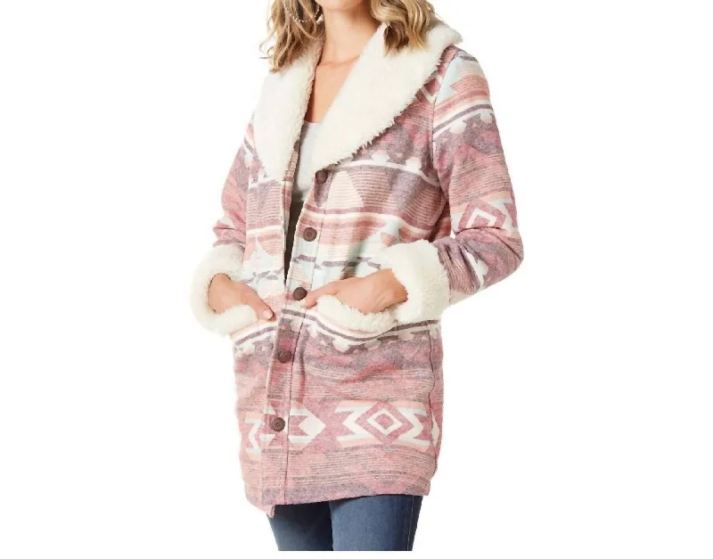 Retro Southwest Print Sherpa Shawl Collar Coat In Rosa Pink